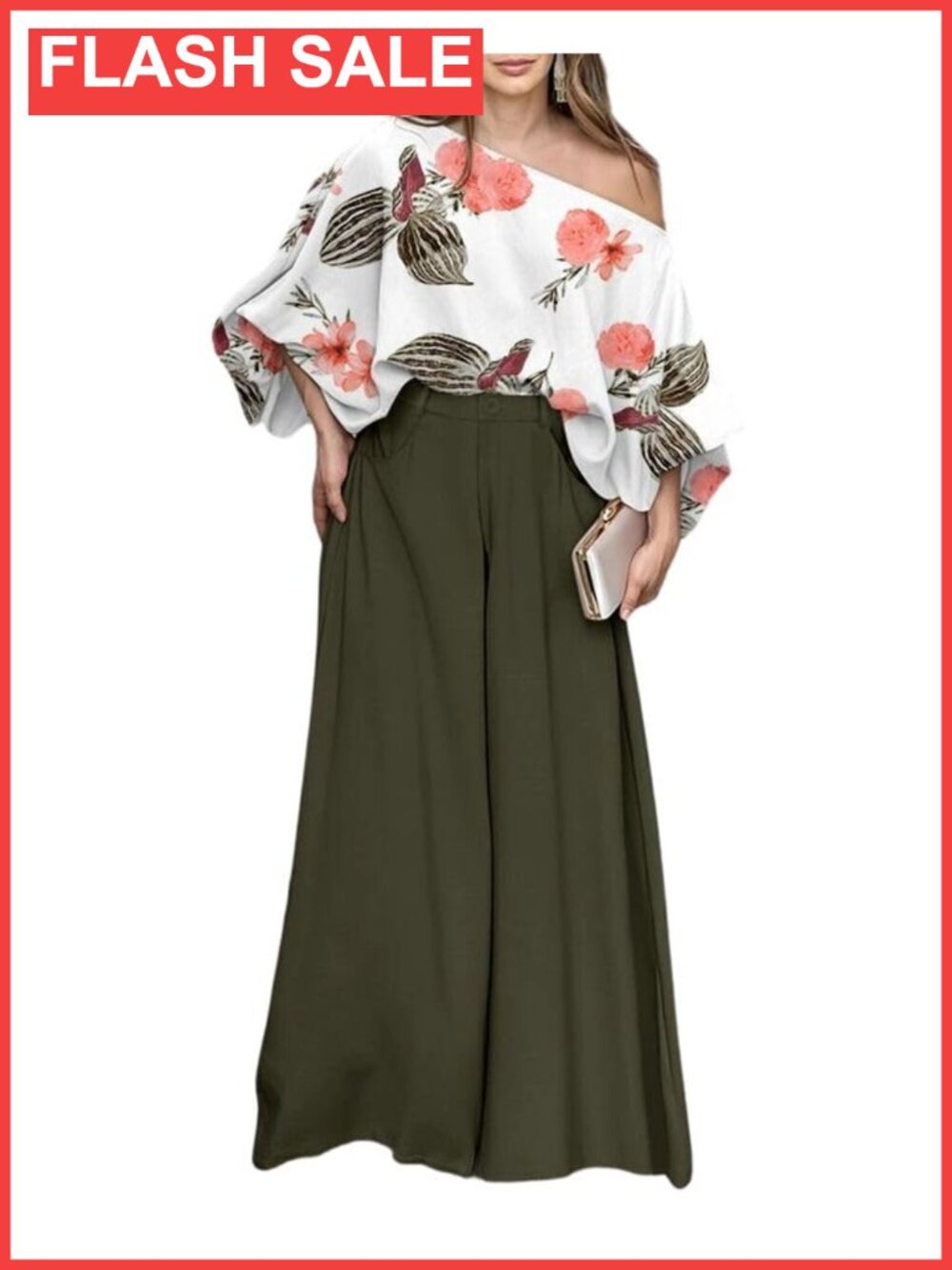 Women Off Shoulder Polyester Wide Leg Pants 2 Piece Summer Set